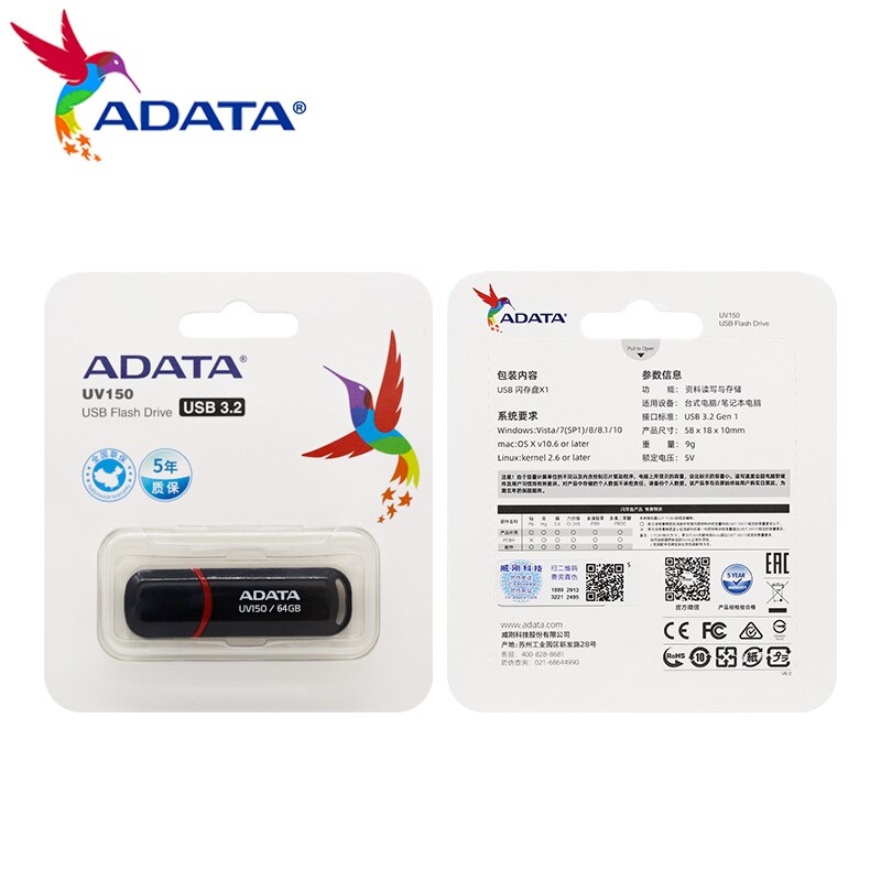 ADATA UV150 USB 3.2 فلاش حملة 32GB 64GB الأحمر الأسود بندريف عالية السرعة ذاكرة يو القرص فلاش USB3.2 حملة القلم ل PC