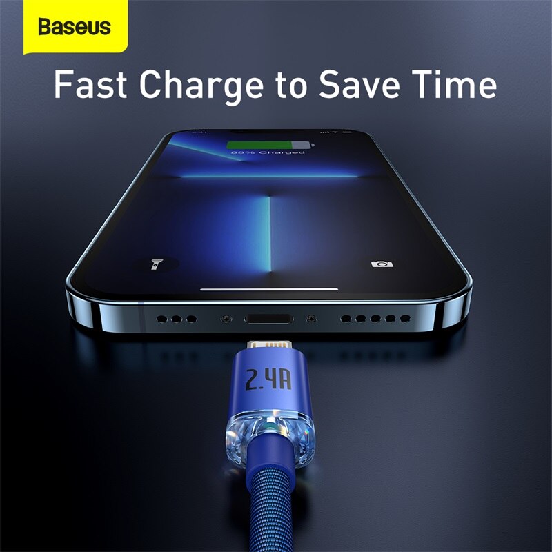 Baseus USB كابل آيفون 13 14 12 11 برو Xs ماكس X Xr 8 7 Plus 2.4A شحن سريع شاحن سلك الحبل لباد برو كابل البيانات 2 متر