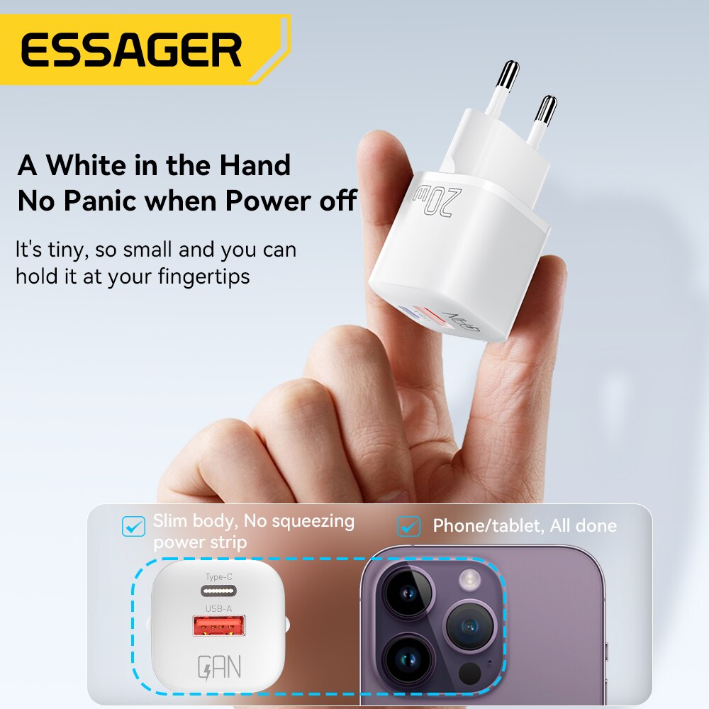 شاحن Essager 20 وات صناعة يدوية سريع الشحن من النوع C مزود بمنفذ USB شحن سريع PD شاحن سريع QC 3.0 لشحن هواتف iPhone 14 13 12 11 Pro Max Mini iPad