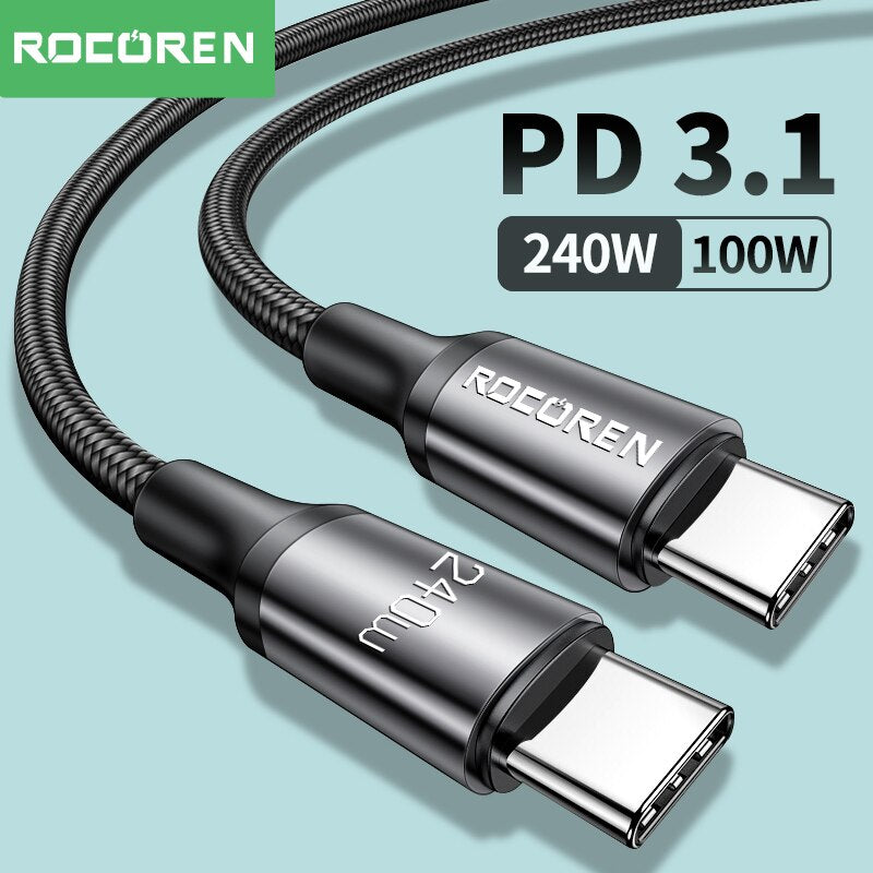 Rocoren 100 واط USB C إلى نوع C كابل USB PD 3.1 240 واط شحن سريع شاحن الحبل USB-C 5A TypeC كابل ل ماك بوك سامسونج شاومي