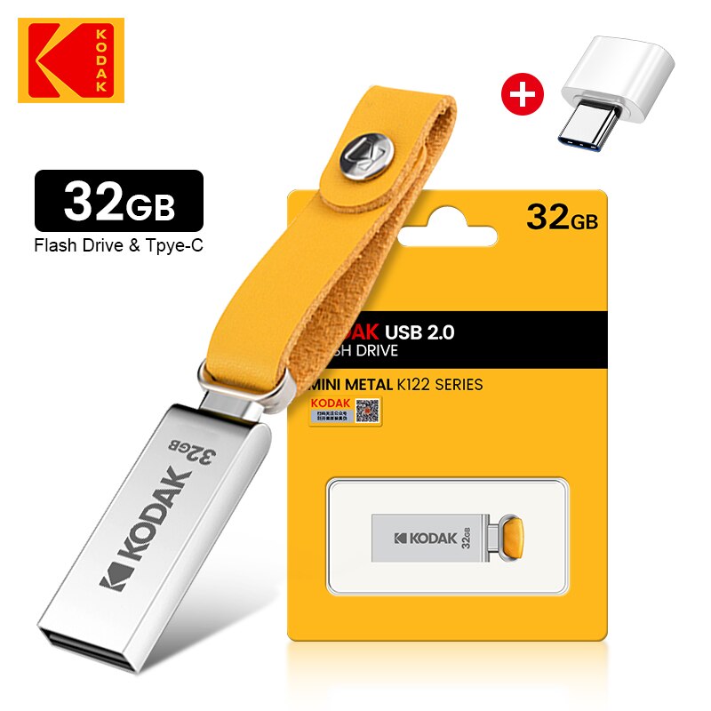 محرك أقراص فلاش USB 2.0 من KODAK h2test w 32GB 64GB 128GB Pendrive مضاد للمياه عصا ذاكرة جلدية قرص أرضي معدني U + قارئ من النوع c