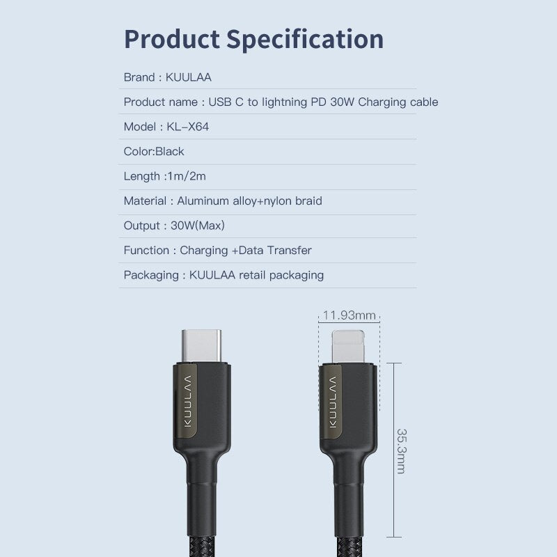 كابل USB C من KUULAA بقوة 30 واط لهاتف iPhone 14 13 Pro Max للشحن السريع كابل PD من النوع C إلى كابل lightning لهاتف iPhone 12 mini pro max